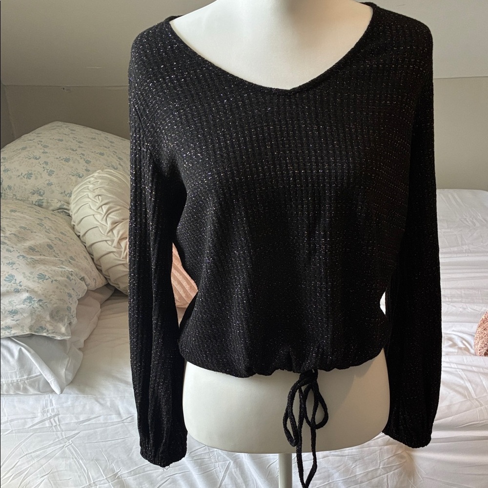 LC Lauren Conrad Black Sparkle V-Neck Drawstring Sweater